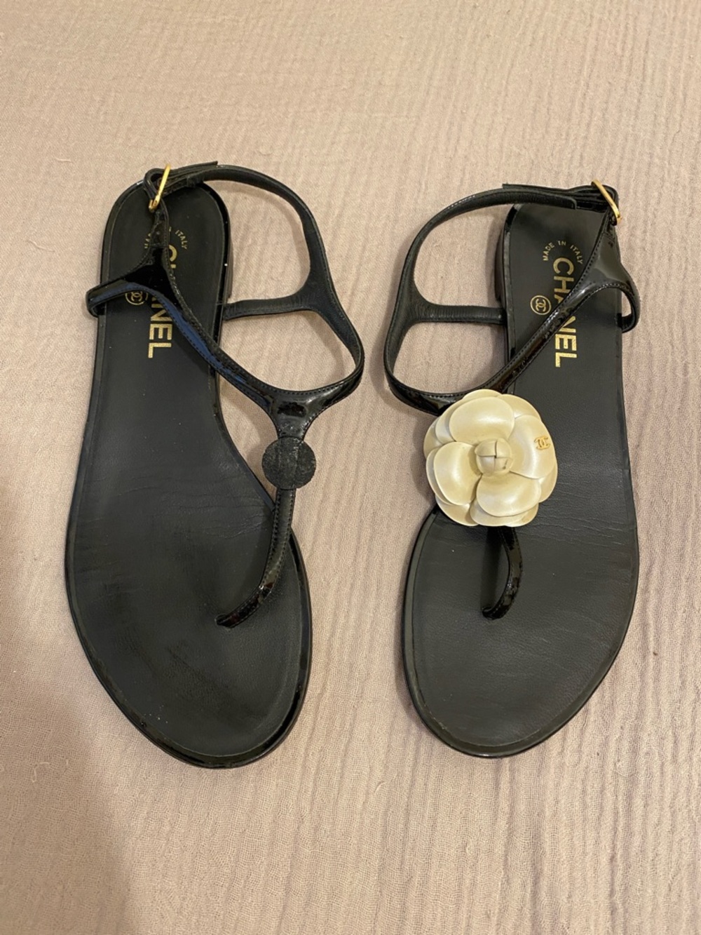 CHANEL Black Jelly Sandals with Cream Camellia Accent. Size 40 . One camellia.